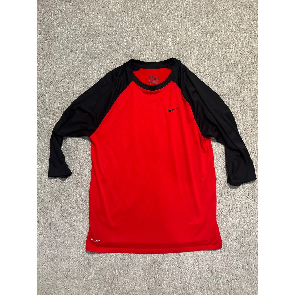 Nike Dri-FIT Raglan 3/4 Sleeve Shirt Mens Large Red Black Athletic Cut Baseball